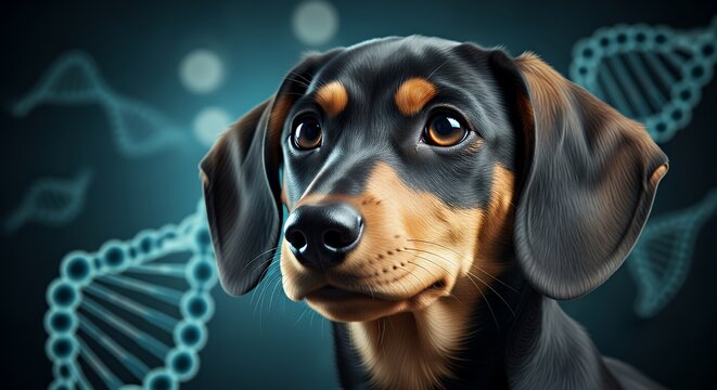 Dachshund Puppy with Genetic Dna Background in Scientific Illustration Style - Powered by Adobe