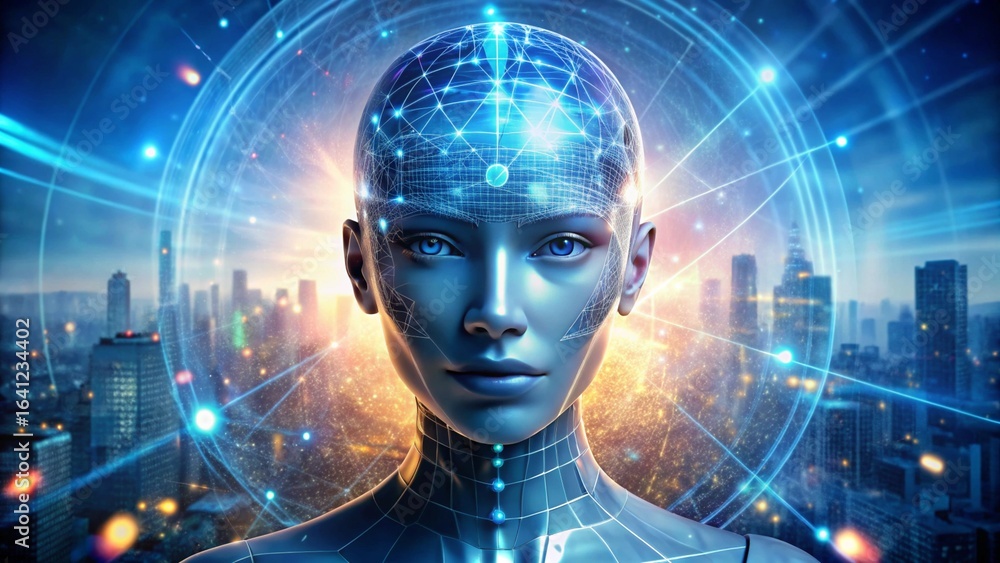 Poster ai technology. artificial intelligence. humanoid robot use ai tools.