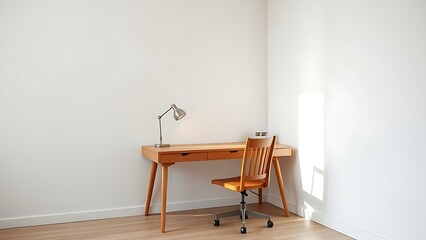 A clean and simple office corner featuring a wooden desk and chair under soft natural light.