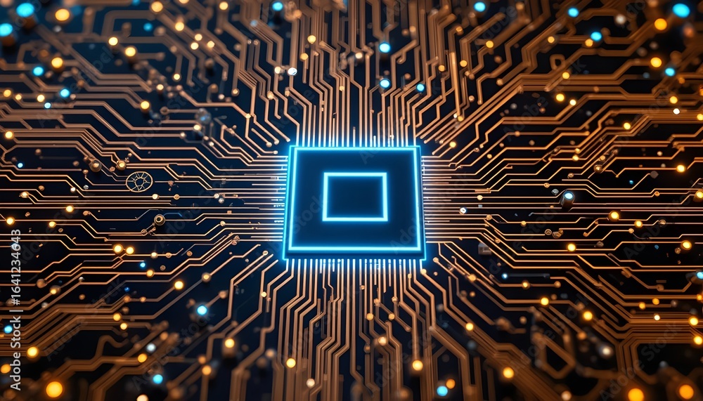 Poster a close up of a glowing blue square chip with orange lines connected to it on a dark background