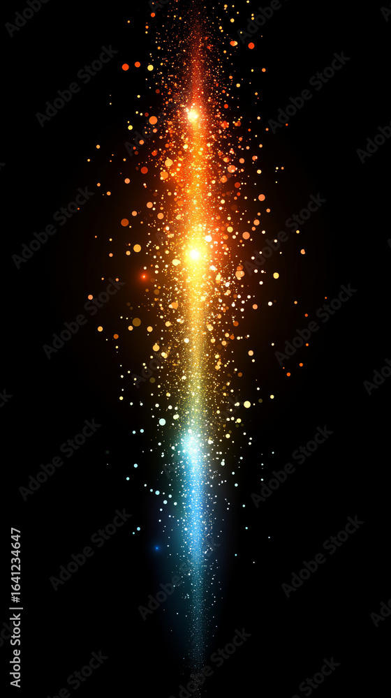 Poster vibrant shimmering particles burst forth in striking colorful light. a dynamic spectrum glows agains