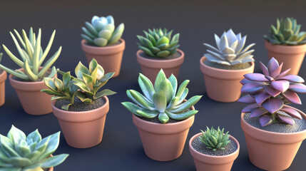 Obraz premium Variety of vibrant potted succulents displayed against a dark background. Brings natural beauty and greenery to any home.