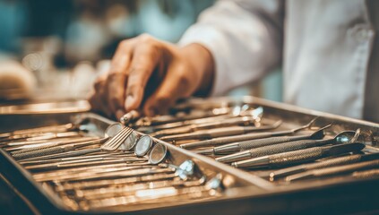 Dentist sorts dental tools