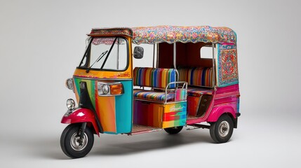 Fototapeta premium Vibrant Three-Wheeler: A Colorful Transportation Icon with a Decorative, Open-Air Design Against a White Background