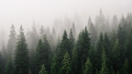 A landscape of pine forest with misty background. A calm and peaceful green pine forest