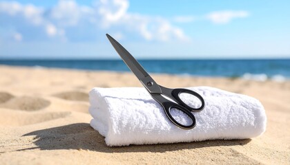 Beach towel and scissors on sand (1)
