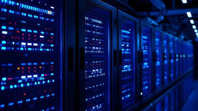 Modern data center server rack glowing blue, representing abstract technology in cool ambient light.