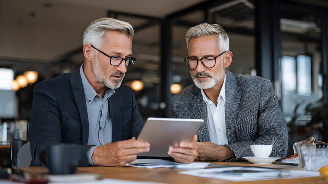 Two mature businessmen reviewing data on a tablet during a meeting at a modern office space
