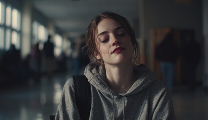 A young individual with short hair, wearing a hooded sweatshirt, stands in a dimly lit interior space, possibly a corridor, with a blurred background and soft lighting.