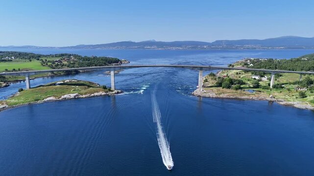Aerial view of the Saltstraumen bridge spanning the tidal currents of the Saltstraumen sound