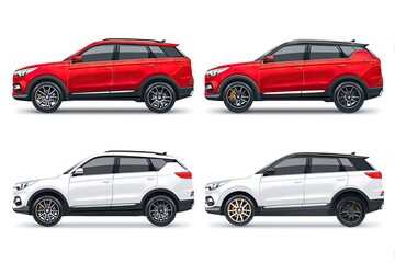Fototapeta premium Two red and two white SUVs, side view