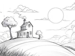 Sketch of a house on a hill with trees, clouds, and a large, unfinished sun