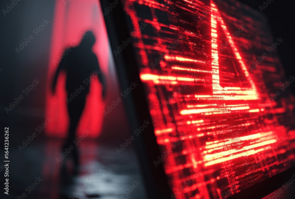 Poster a silhouetted figure walks through a vibrant, futuristic environment illuminated by intense red ligh