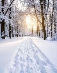 Fototapeta premium 제목: Towering Trees and a Snowy Trail설명: The majestic view of towering trees, their branches bare, as a peaceful trail winds through the heart of the woods under a winter sky.