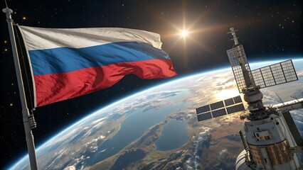 Russian flag waving in space near earth and a space station with bright sun