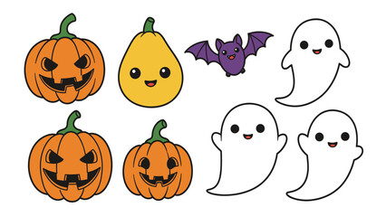 Naklejka premium Cute Halloween Cartoon Characters Set: Jack-o'-Lanterns, Friendly Ghosts, Bat, and Pear Illustrations on White