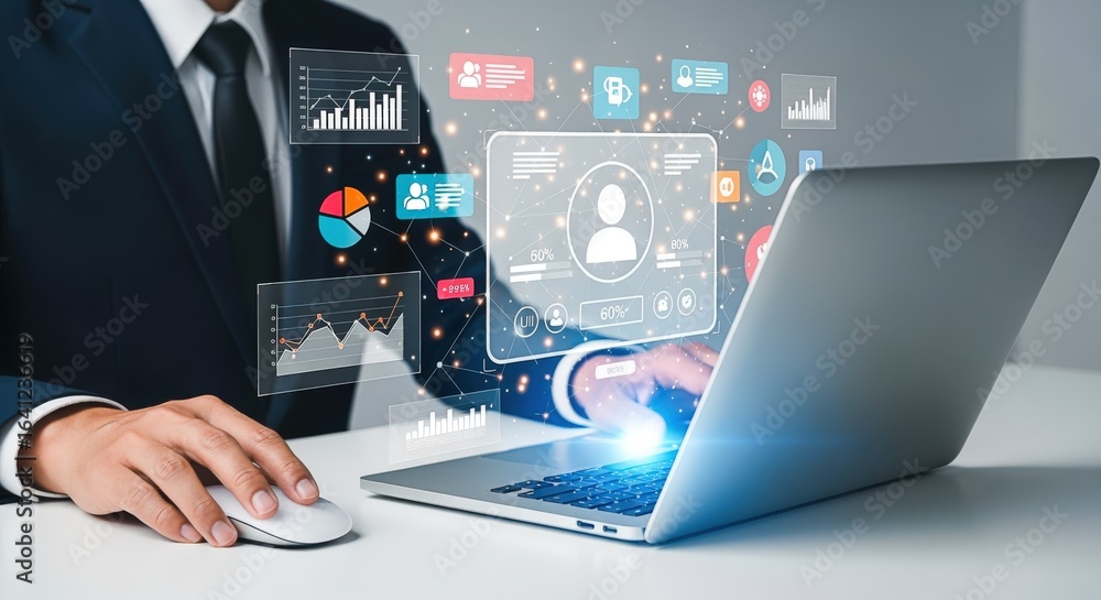 Poster data analytics on laptop with graphs and charts for business intelligence and financial analysis