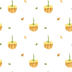 Cute seamless pattern with pumpkins and leaves hand drawn. Repeatable image for printing on wrapping paper and canvas, for kids, posters or banners for websites. Autumn, Thanksgiving