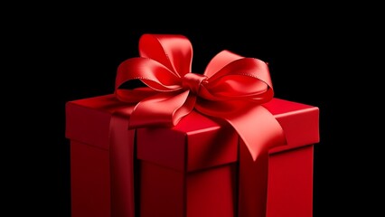 Fototapeta premium A red gift box with a satin ribbon bow, close-up shot against a dark background.
