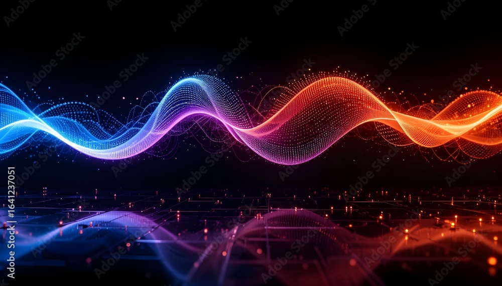 Poster abstract glowing waves of blue and orange light with reflection on a dark surface background