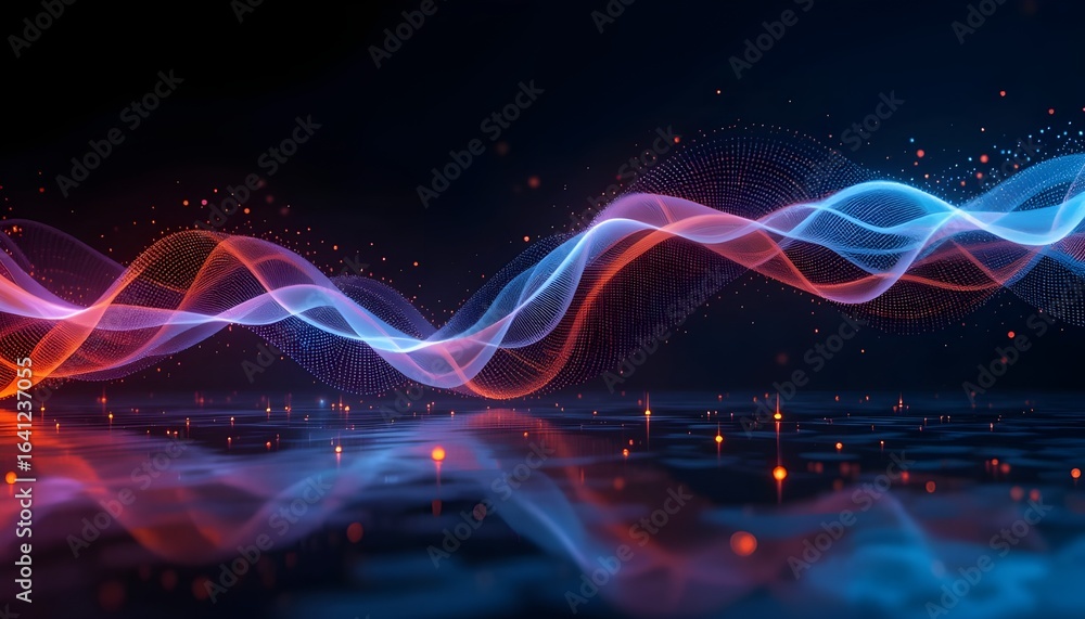Poster abstract flowing waves of red and blue light on a dark background with reflections below it all