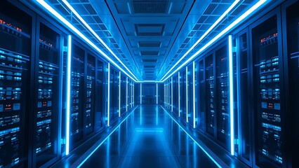 Futuristic server room corridor illuminated by blue LED lights, creating geometric light trails.