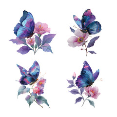 Four watercolor illustrations of blue butterflies and pink flowers