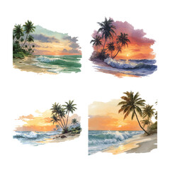 Watercolor paintings of tropical beaches at sunset with palm trees