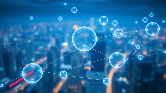 Floating translucent spheres connected by glowing lines, symbolizing global business networks.