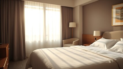 A serene hotel bedroom bathed in morning sunlight, featuring a neatly made bed and sheer curtains.