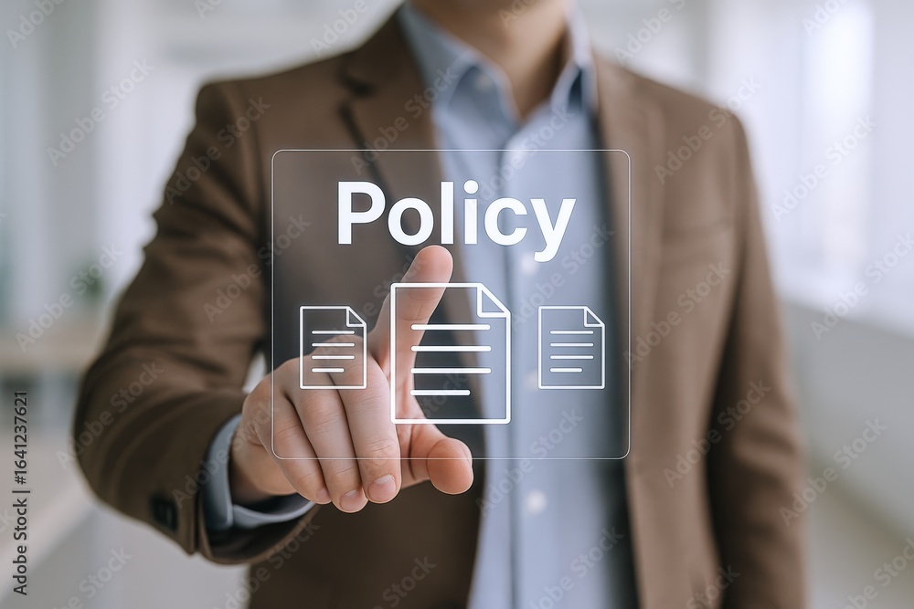 Poster man taps 'policy' on transparent touchscreen display, signifying agreement with terms and conditions