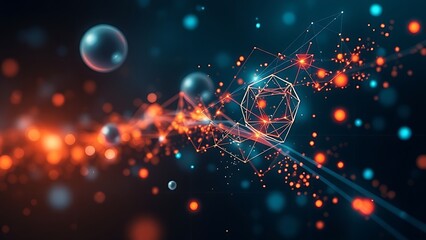 Abstract data visualization with floating geometric shapes and light particles.