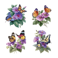 Four watercolor illustrations of butterflies and flowers