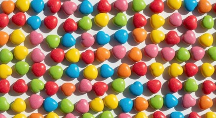 Obraz premium Colorful heart-shaped candies arranged on a white background