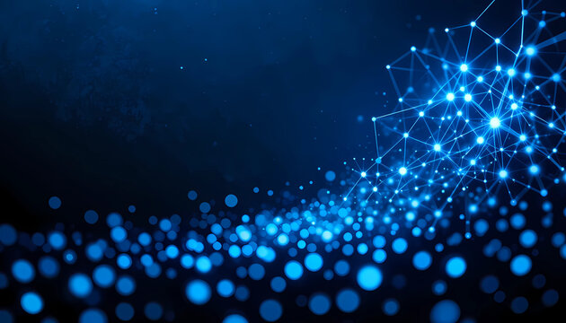 Illuminated blue network of interconnected nodes and bokeh lights on a dark gradient background