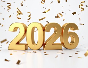 Shiny golden 2026 numbers stand with falling golden confetti, perfect for New Year celebrations, transparent png isolated image.