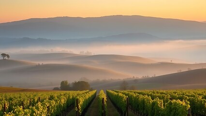 Vineyard landscape with rolling hills and golden sunrise tones under morning mist.