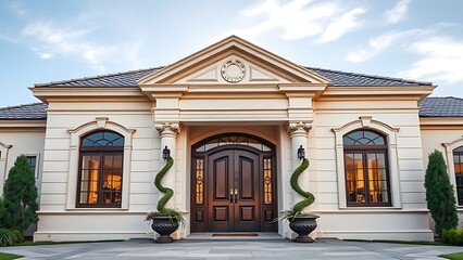 A grand residential doorway with architectural details stands symmetrically against a clear sky with potted plants.