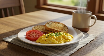Cozy Morning Breakfast with Scrambled Eggs, Toast, and Coffee in Natural Light