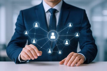 Businessman navigating a virtual social network, illustrating human connections and business networking in a digital age
