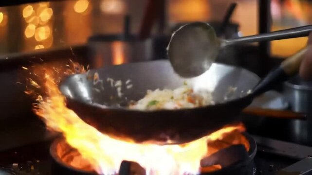 Indonesian nasi goreng fried rice being cooked in a hot wok with blazing flames at a vibrant street food stall. Perfect for culinary projects, restaurant advertising, and Asian cuisine storytelling.