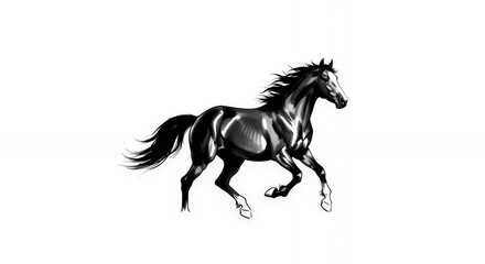 Fototapeta premium Black Horse Running on White Background in Dynamic Motion Style