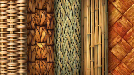 Seamless 3d textures of bamboo, straw, wicker, and rattan with realistic natural material patterns