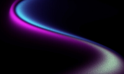 Blue pink shape on black abstract grainy background with glowing gradient wave, blurred noise texture poster design