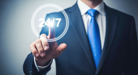 24/7 service concept, Businessman touching virtual interface to illustrate always available assistance and support, access anywhere