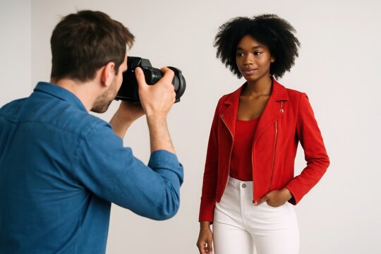 Photographer taking a picture of a confident woman in a red jacket