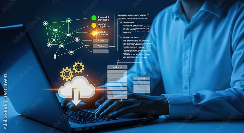 Aufkleber cloud computing interface: man working on laptop with cloud data storage and network connections