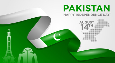 Pakistan Independence Day Banner with Flag Ribbon and Landmarks


