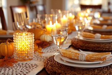 A beautifully set dining table for a festive occasion. The table features candles, glassware, and decorative pumpkins. Warm autumn colors dominate the scene.