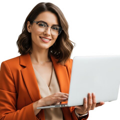 Smiling woman in orange blazer holding a laptop isolated on transparent background